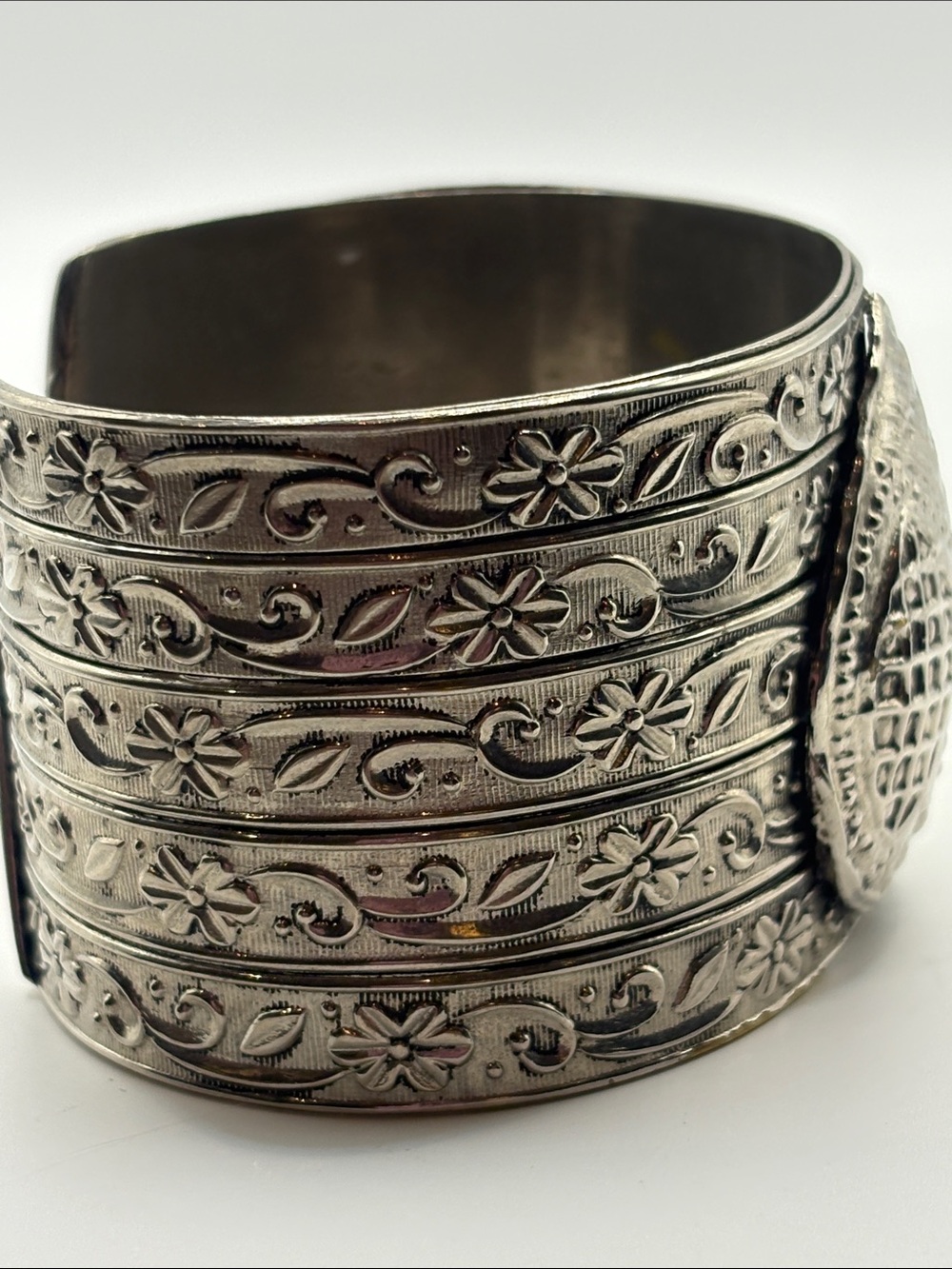 Silver Wide Artisian Floral Wide Cuff Bracelet with Textured Teardrop Accent 8” - Picture 6 of 8